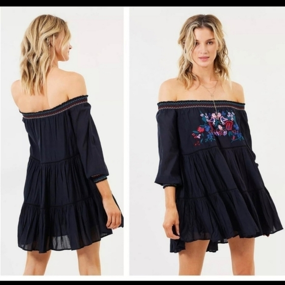 Free People Sunbeams Floral Embroidered Black Off The Shoulder Mini Dress - Picture 9 of 10